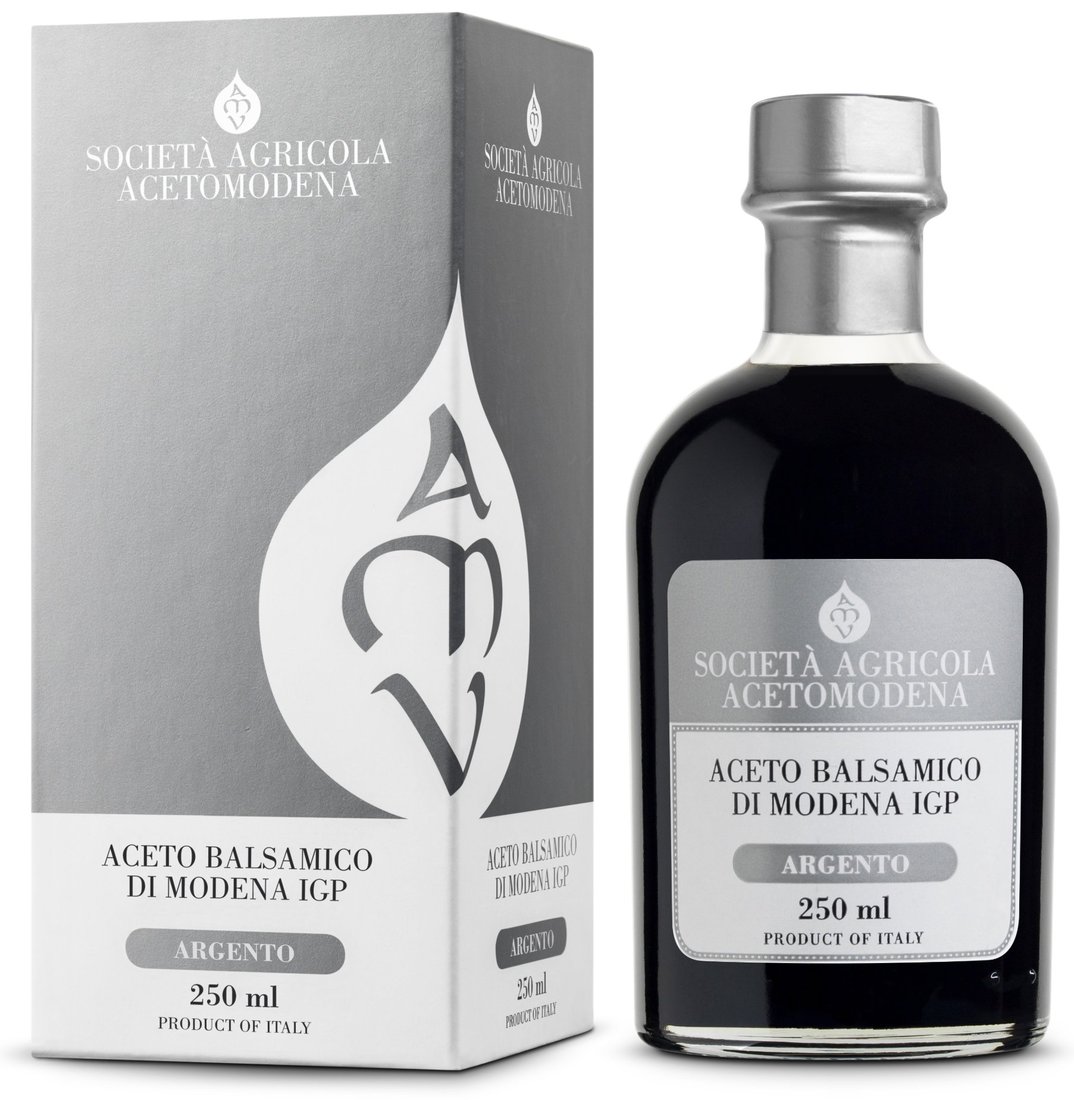 Aceto balsamico AMV Argento: astuccio e bottiglia