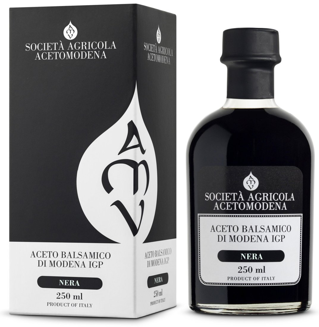 Aceto balsamico AMV Nera: astuccio e bottiglia