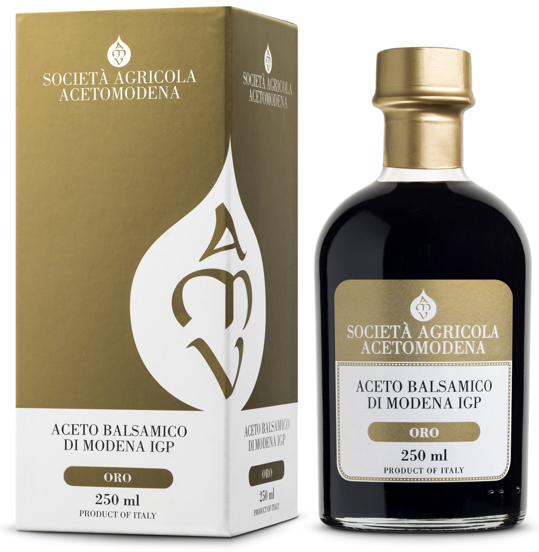 Aceto balsamico AMV Oro: astuccio e bottiglia