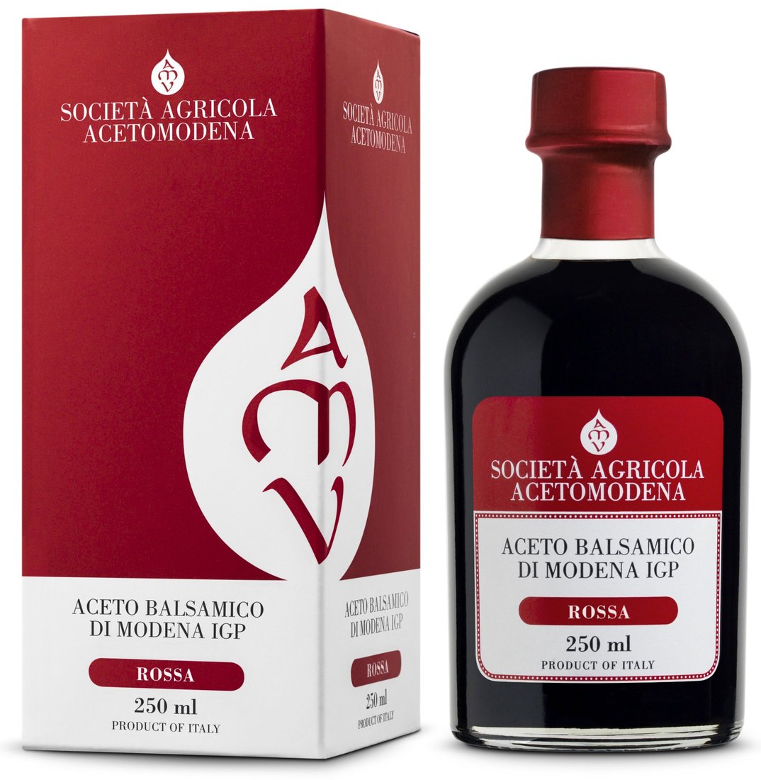 Aceto balsamico AMV Rossa: astuccio e bottiglia