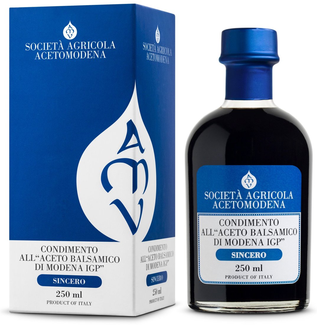 Aceto balsamico AMV Sincero: astuccio e bottiglia