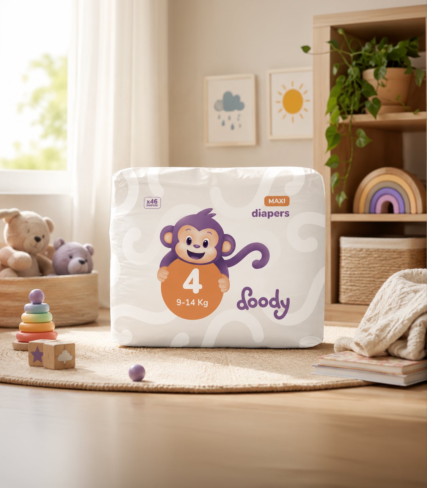 Confezione di pannolini Doody con la mascotte, in una cameretta