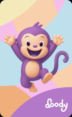 Card con la mascotte Doody e il logo